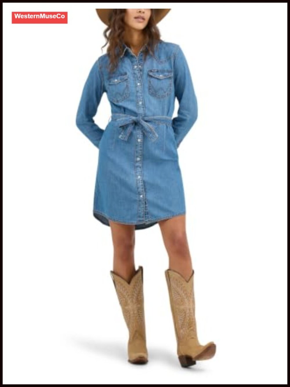 Long Sleeve Snap Front Denim Dress Western Yoke Casual